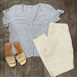 Old Navy V-neck Button Down Blue and White Striped Blouse